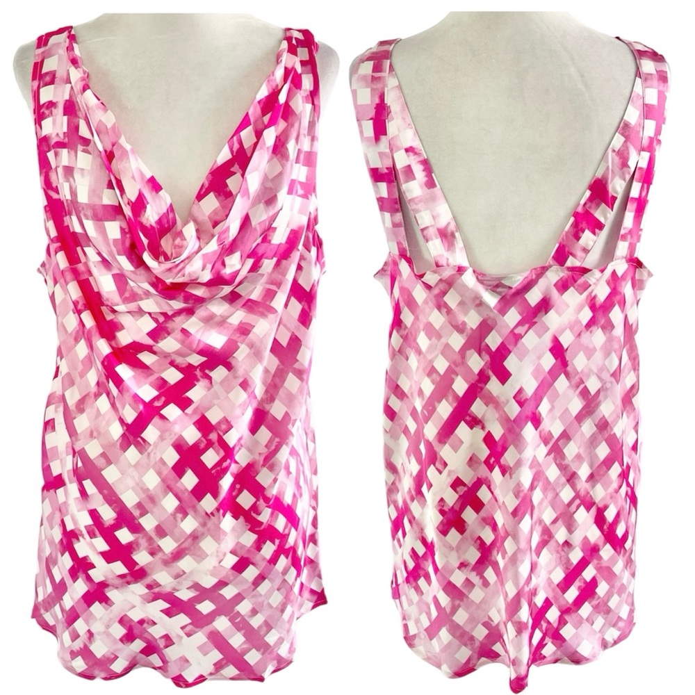 New Chloe Kristyn Gingham Satin Double Strap Cowl Neck Tank Top Pink Size Large